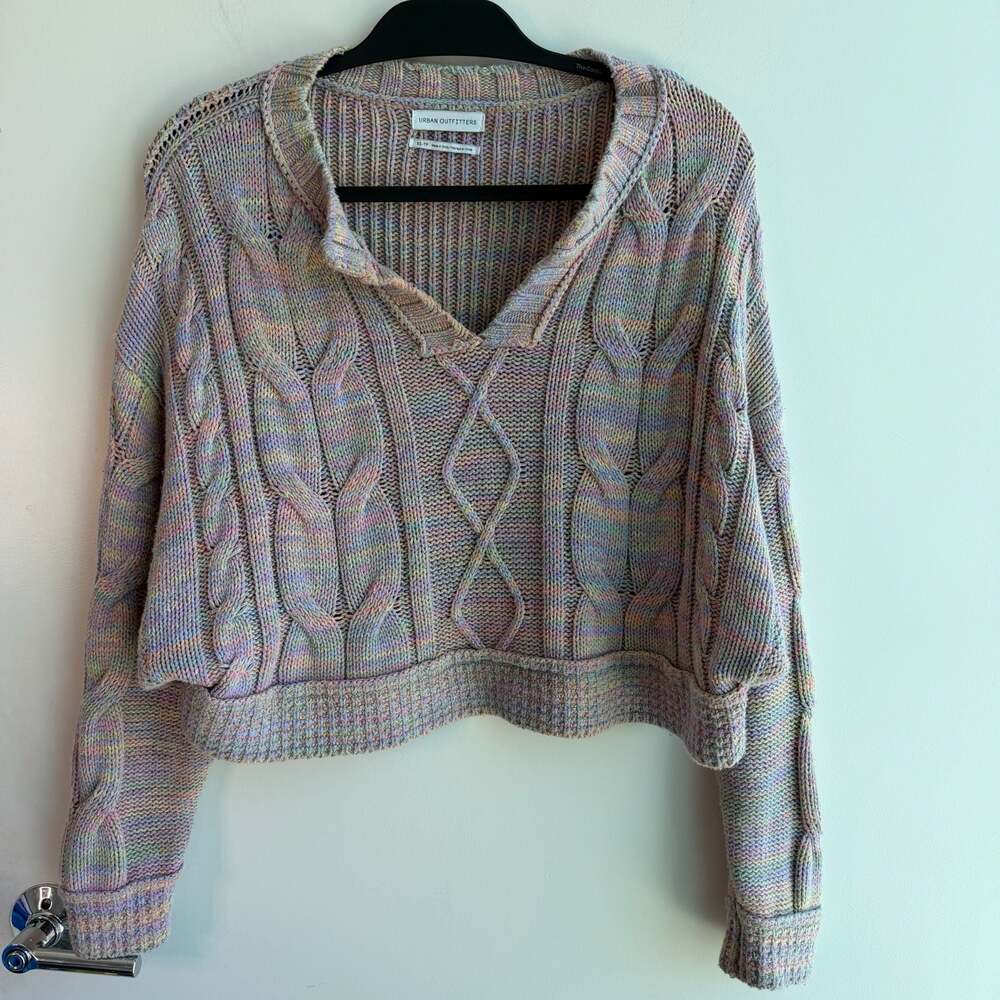 Urban Outfitters Hazel Notch Neck Cable Knit Cropped Pastel Space-Dye Sweater